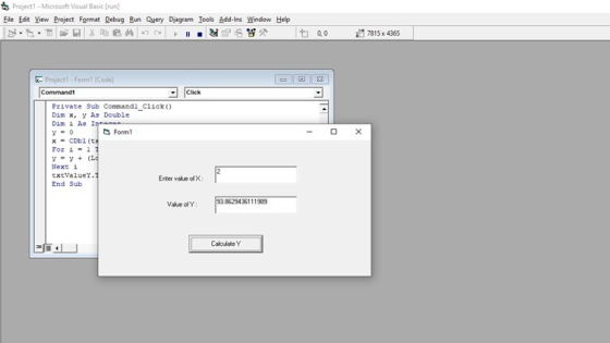 the Project 1 - Microsoft Visual Basic (run) File Edit View Project Format Debug Run Query Diagram Tools Add-ins Window Help