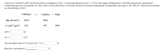 A process at constant T and P can be described as spontaneous if AG <0 and nonspontaneous if AG> 0. Over what range of temper