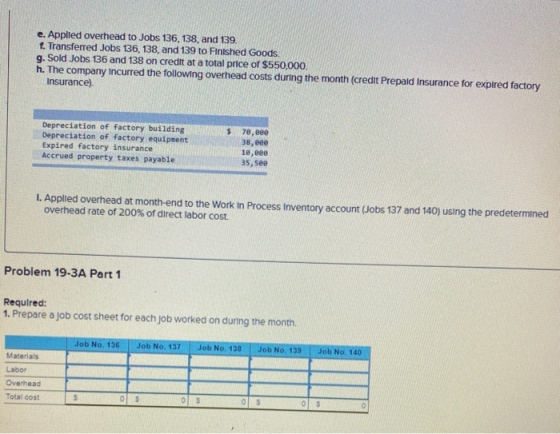 e. Applied overhead to Jobs 136, 138, and 139. 1. Transferred Jobs 136, 138, and 139 to Finished Goods g. Sold Jobs 136 and 1