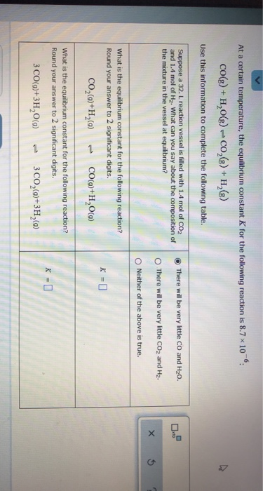 : At a certain temperature, the equilibrium constant K for the following reaction is 8.7 x 10 CO(g) + H2O(g) C02(e)+ H (8) Us