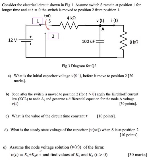 Consider the electrical circuit shown in Fig.1. Assume switch S remain at position 1 for longer time and at t = 0 the switch
