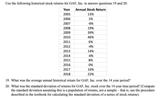 2005 Use the following historical stock returns for GAF, Inc. to answer questions 19 and 20: Year Annual Stock Return 13% 200