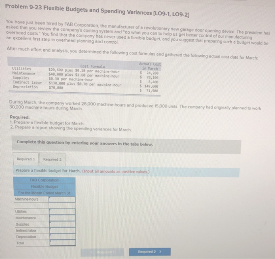 Problem 9-23 Flexible Budgets and Spending Variances [LO9-1, LO9-2] You have just been hired by FAB Corporation, the manufact