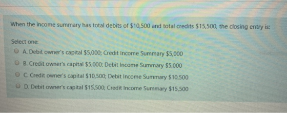 When the income summary has total debits of $10,500 and total credits $15,500, the closing entry is: Select one: A. Debit own