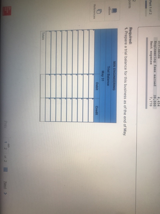 39,000 Part 1 of 2 1. Prepare a trial balance for this business as of the end of May May 31