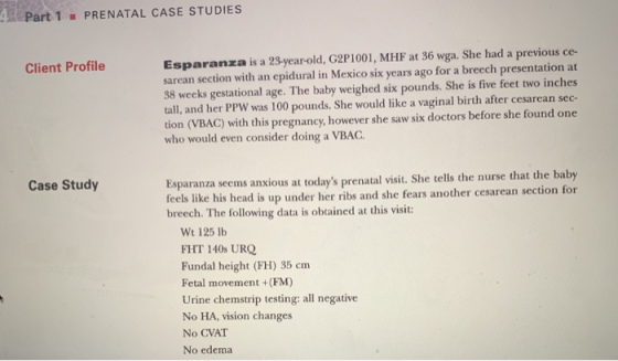 Part 1 . PRENATAL CASE STUDIES Client Profile Esparanza is a 25-yearold, G2P1001, MHF at 36 wga. She had a previous ce sarean
