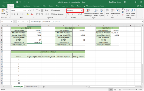 AutoSave O e06ch11 grader hl_Loans_LastFirst Excel X Dola Dileep Kumar Tell me what you want to do LShare File Home Insert Pa