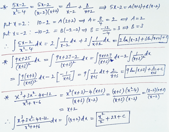 51-2 f B 472 4 1-2 50-2 Ą x²4 (x-2)(x+2) x-2 54-2= A(+2)+6/1-2) put u=2: 10-2 = A(2+2) = A=fald A=2 put x=-2:-10-2 = B(-2-2)