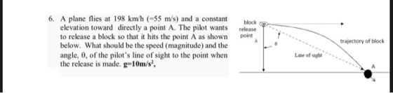 block release point 6. A plane flies at 198 km/h (=55 m/s) and a constant elevation toward directly a point A. The pilot want