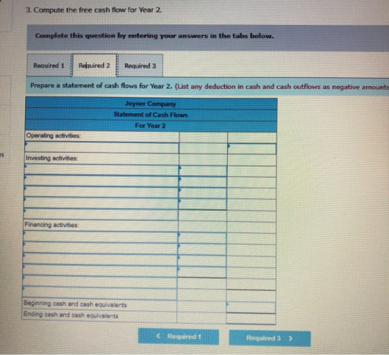 3. Compute the free cash flow for Year 2 Complete this question by entering your answers in the tabs below. Required 1 Requir