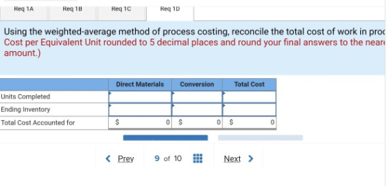 Reg 1A Reg 1B Req 1C Req 10 Using the weighted average method of process costing, reconcile the total cost of work in proc Co