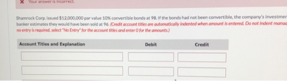 X Your answer is incorrect. Shamrock Corp, issued $12,000,000 par value 10% convertible bonds at 98. If the bonds had not bee