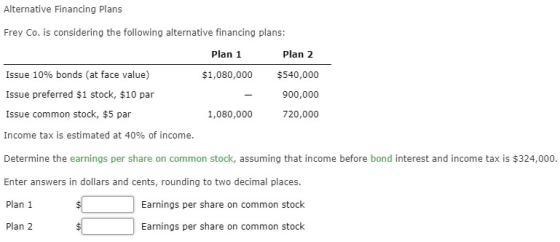Alternative Financing Plans Frey Co. is considering the following alternative financing plans: Plan 1 Plan 2 $1,080,000 Issue