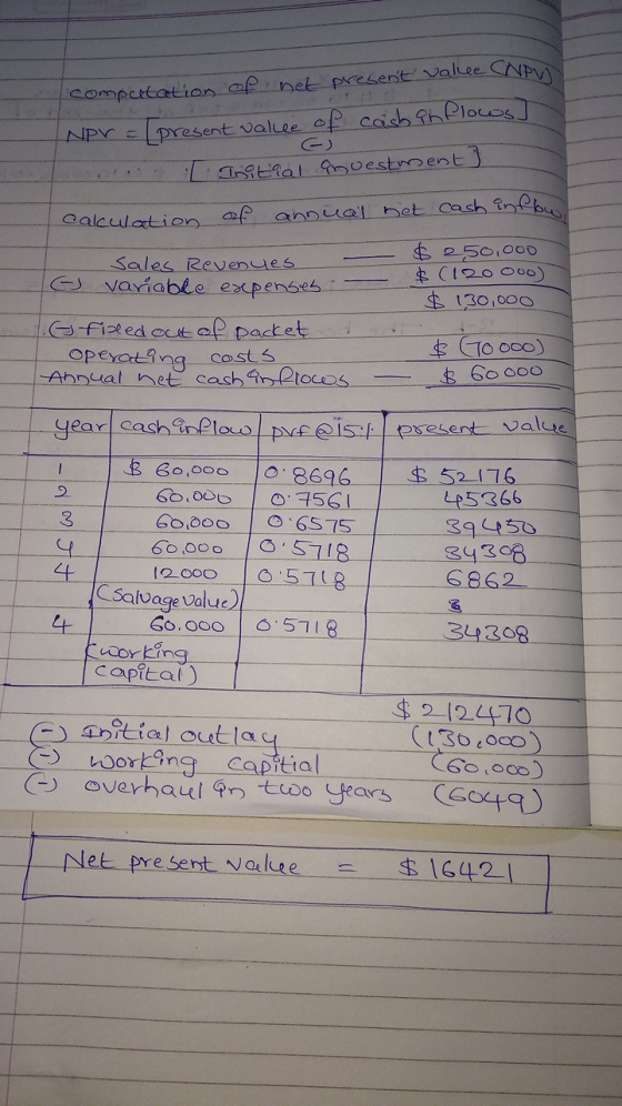 present valee CNP compeetation of net ر . NPV = [present value of cash in flows] o [ Initial anvestment calculation of annual