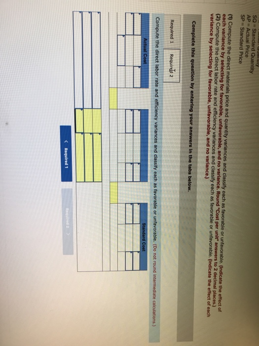 Uudy SQ = Standard Quantity AP = Actual Price SP = Standard Price Compute the direct materials price and quantity variances a