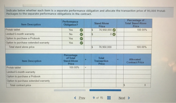 Indicate below whether each item is a separate performance obligation and allocate the transaction price of 90,000 Protab Pac