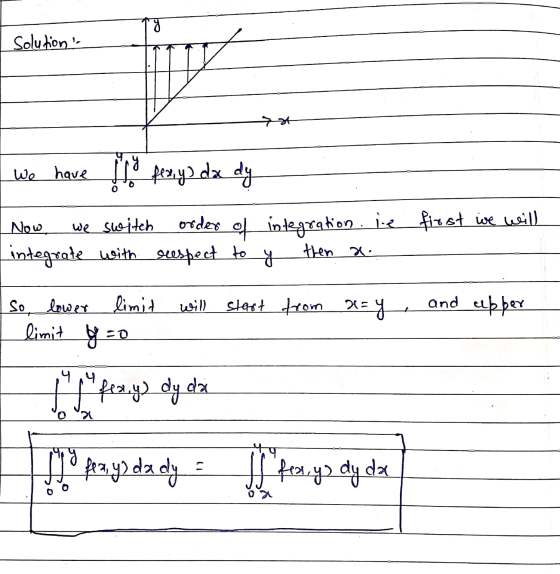 Solution! first we will I we have pro fexy dx dy Now we switch order of integration.ie integrate with respect to y then a. I