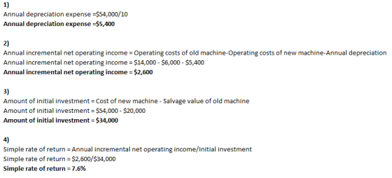 1) Annual depreciation expense =$54,000/10 Annual depreciation expense =$5,400 2) Annual incremental net operating income = O