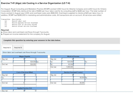 Exercise 7-41 (Algo) Job Costing in a Service Organization (LO 7-4) For August. Royal Consulting and Mediation Practice (RCMP