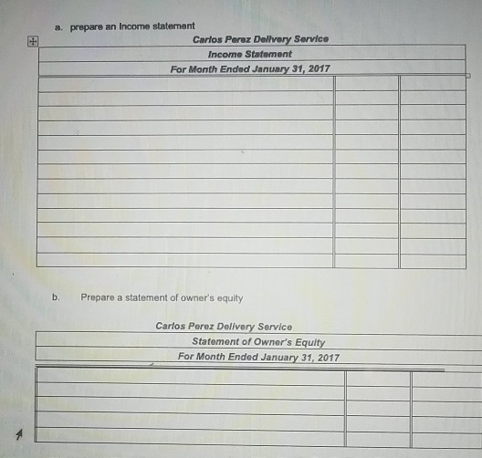 a. prepare an Income statement Carlos Perez Delivery Service Income Statement For Month Ended January 31, 2017 b. Prepare a s