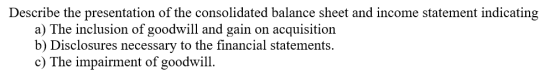 Describe the presentation of the consolidated balance sheet and income statement indicating a) The inclusion of goodwill and