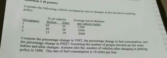 uestion 1 (8 points) Consider the following vehicle occupancies due to changes in the downtowm parking policy % of vehicle Average travel distance ner yehicle (mils) 2 3 65 20 15 26 19 1500 2500 2000 Compute the percentage change in VMT, the percentage change in fuel consumption, and the percentage change in PMT? Assuming the number of people traveled are the same betore and after changes. Assume also the number of vehicles after changing in parking policy is 1000. The rate of fuel consumption is 14 miles per liter