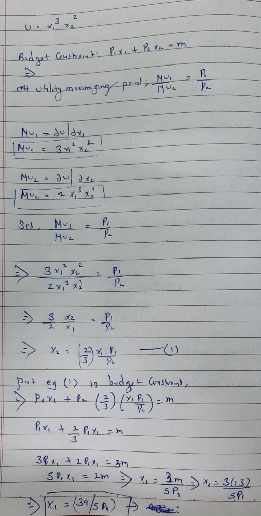 Pixit Pa x2 = m Budget Constraint oth whilety maximizing point Mount Mu,= duldx M = 3,² x ² Muz= dua xe I Mu. = 2x Set, Mui =