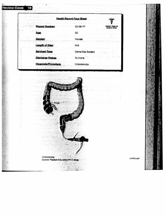 Review Case 19 Health Record Face Short 1. Record Number: 52-09-77 VPN Medical Center Ags 52 . Gender Fernale Length of Stay