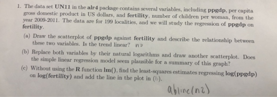 1. The data set UN11 in the alr4 package contains several variables, including ppgdp, per capita gross domestic product in US dollars, and fertility, number of children per woman, from the year 2009-2011. The data are for 199 localities, and we will study the regression of ppgdp on fertility (a) Draw the scatterplot of ppgdp against fertility and describe the relationship between these two variables. Is the trend linear? nD the simple linear regression model seem plausible for a summary of this graph? on log(fertility) and add the line in the plot in (b). b) Replace both variables by their natural logarithms and draw another scatterplot. Does (c) Without using the R function lm(), find the least-squares estimates regressing log(ppgdp) abline(