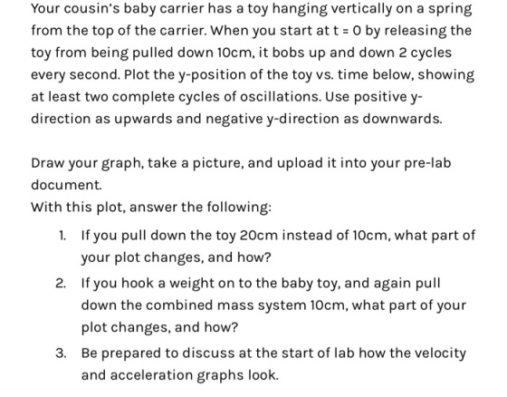 Your cousins baby carrier has a toy hanging vertically on a spring from the top of the carrier, when you start at t = 0 by releasing the toy from being pulled down 10cm, it bobs up and down 2 cycles every second. Plot the y-position of the toy vs. time below, showing at least two complete cycles of oscillations. Use positive y- direction as upwards and negative y-direction as downwards. Draw your graph, take a picture, and upload it into your pre-lab document. With this plot, answer the following: If you pull down the toy 20cm instead of 10cm, what part of your plot changes, and how? 1. If you hook a weight on to the baby toy, and again pull down the combined mass system 10cm, what part of your plot changes, and how? Be prepared to discuss at the start of lab how the velocity and acceleration graphs look. 2. 3.