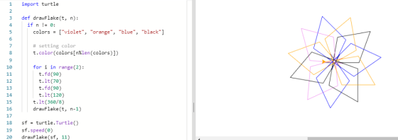 import turtle def drawFlake(t, n): if n != : colors = [violet, orange, blue, black] # setting color t.color(colors[n%