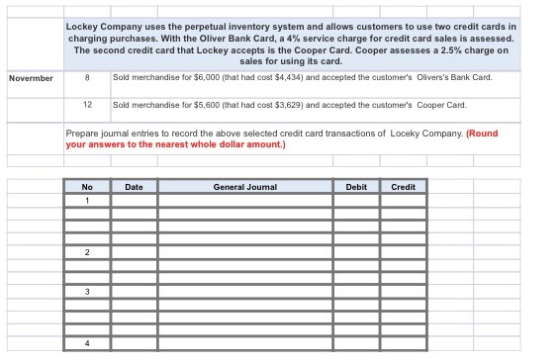 Lockey Company uses the perpetual inventory system and allows customers to use two credit cards in charging purchases. With t