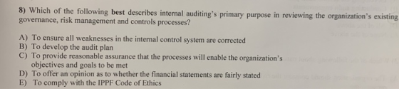 8) Which of the following best describes internal auditings primary purpose in reviewing the organizations existing governa