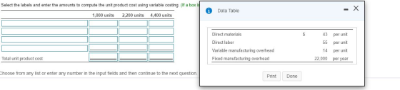 Select the labels and enter the amounts to compute the unit product cost using variable costing(If a box is i Data Table - X