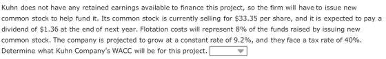 Kuhn does not have any retained earnings available to finance this project, so the firm will have to issue new common stock t