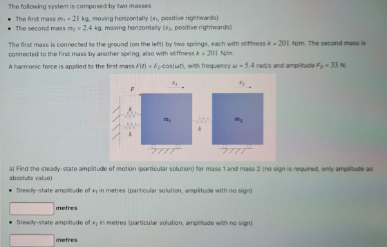 The following system is composed by two masses The first mass m, = 21 kg, moving horizontally (x1, positive rightwards) • The