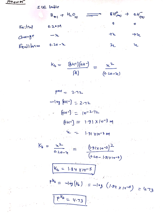 Answer I UE table Bars + H2O = BH + oH Initial 0.20M . th Change -n the Equilibrium 0.20 - 2 Kp = 64+ ][64-) - 2? port = 2.12