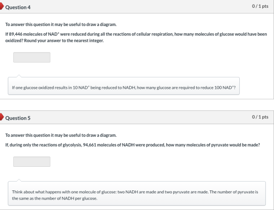 Question 4 0/1 pts To answer this question it may be useful to draw a diagram. If 89,446 molecules of NAD+ were reduced durin