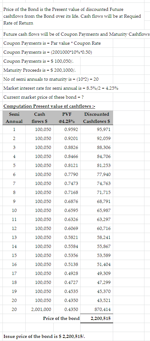 Price of the Bond is the Present value of discounted Future cashflows from the Bond over its life. Cash flows will be at Requ