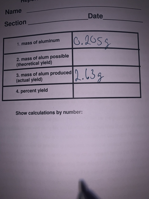 Перо Name _Date Section 1. mass of aluminum 16.2058 2. mass of alum possible (theoretical yield) 3. mass of alum produced (ac