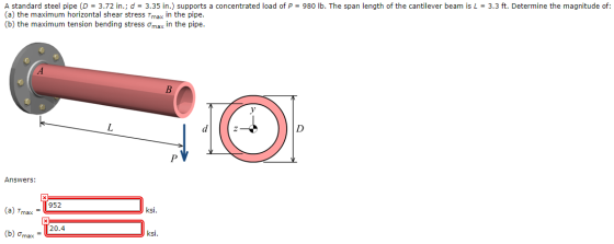 A standard steel pipe (D = 3.72 in.; d = 3.35 in.) supports a concentrated load of P = 980 lb. The span length of the cantile