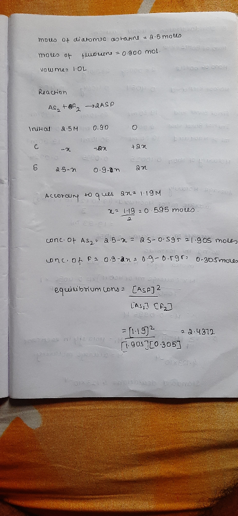 mous 0+ aatomo apranne - 2.5 mol mous of tourne = 0.900 mol vow me: LOL Reaction AS, +R2 ASP Inital 2.5M 0.90 - -ax info +9 ¿