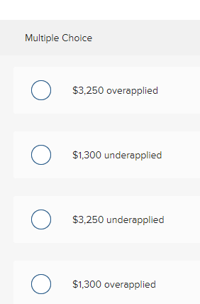 Multiple Choice О. $3,250 overapplied O $1,300 underapplied О O $3,250 underapplied O $1,300 overapplied