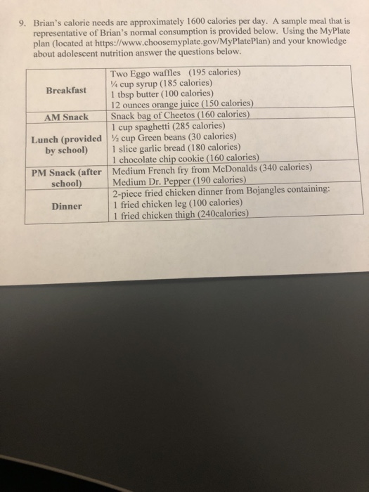 9. Brians calorie needs are approximately 1600 calories per day. A sample meal that is representative of Brians normal consumption is provided below. Using the MyPlate plan (located at https://www.choosemyplate.gov/MyPlatePlan) and your knowledge about adolescent nutrition answer the questions below. (195 calories) Two Eggo waffles 4 cup syrup (185 calories) 1 tbsp butter (100 calories) 12 ounces orange juice (150 calories) Breakfast AM Snack Snack bag of Cheetos (160 calories) by school) 1 slice garlic bread (180 calories) school) Medium Dr. Pepper (190 calories) 1 cup spaghetti (285 calories) Lunch (provided cup Green beans (30 calories) 1 chocolate chip cookie (160 calories) PM Snack (after Medium French fry from McDonalds (340 calories) 2-piece fried chicken dinner from Bojangles containing: 1 fried chicken leg (100 calories) 1 fried chicken thigh (240calories) Dinner