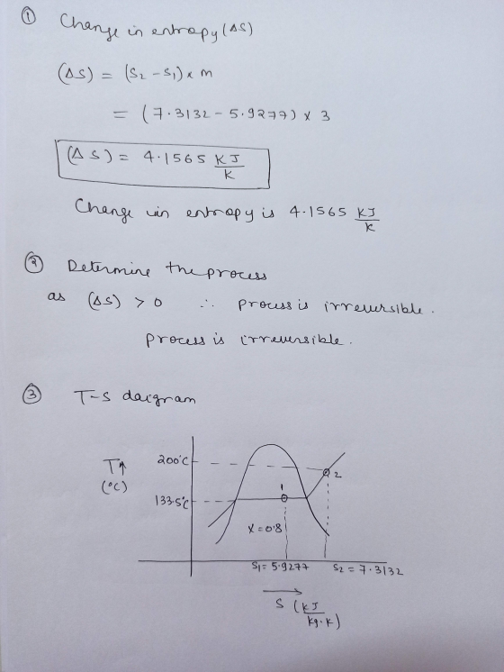 Change in entropy (AS) (As) = (2-3,) «m (7.3132 - 5.9277) X 3 (As) = 4.1565 kJ Change in an entropy is 4.1565 kJ к Determine