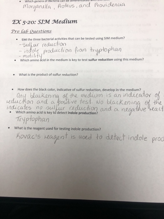 Which genera of Bacteria can be diffeh Morganella, Proteus, and Providencia EX 5-20: SIM Medium Pre lab Questions List the th