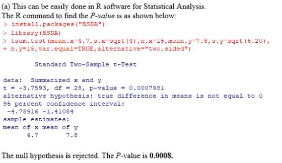(a) This can be easily done in R software for Statistical Analysis. The R command to find the P-value is as shown below: > in