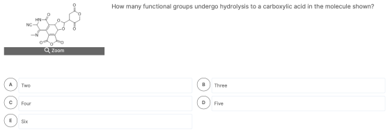 How many functional groups undergo hydrolysis to a carboxylic acid in the molecule shown? HN- O NC -N O Zoom A Two B Three C