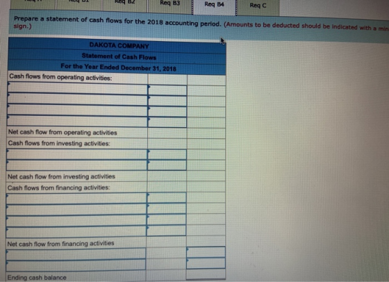 Reg B2 Reg B3 Req B4 Reqc Prepare a statement of cash flows for the 2018 accounting period. (Amounts to be deducted should be