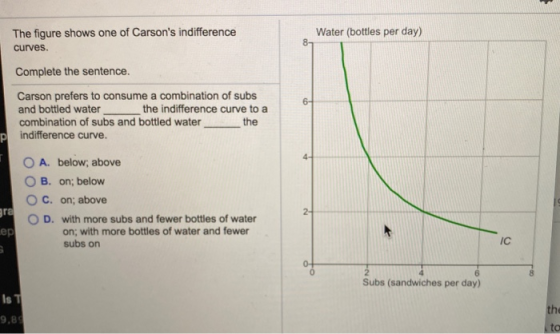 Water (bottles per day) The figure shows one of Carsons indifference curves. Complete the sentence. Carson prefers to consum